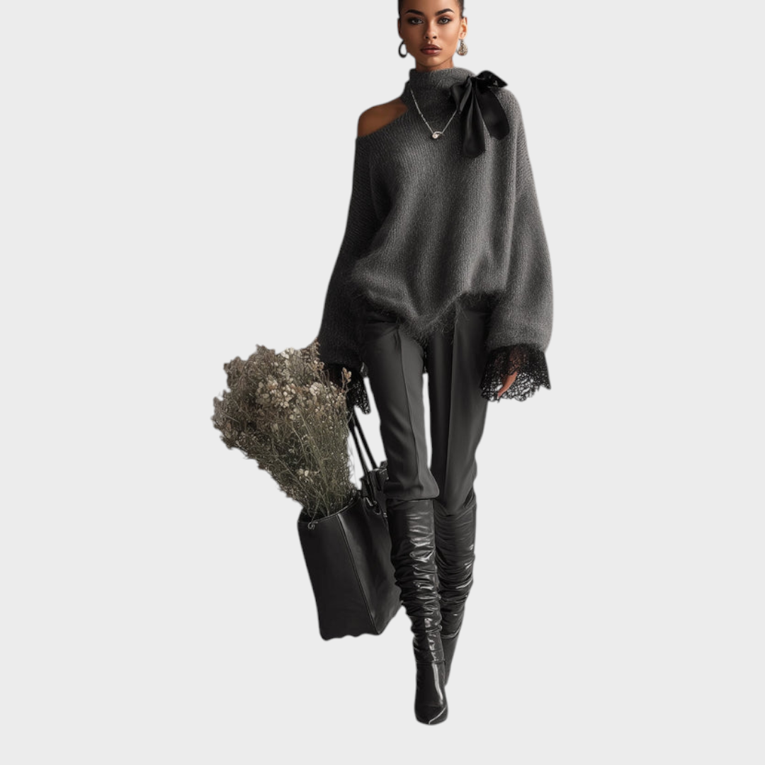 Loisa | Gray Knitted Mohair Sweater With Lace Sleeves