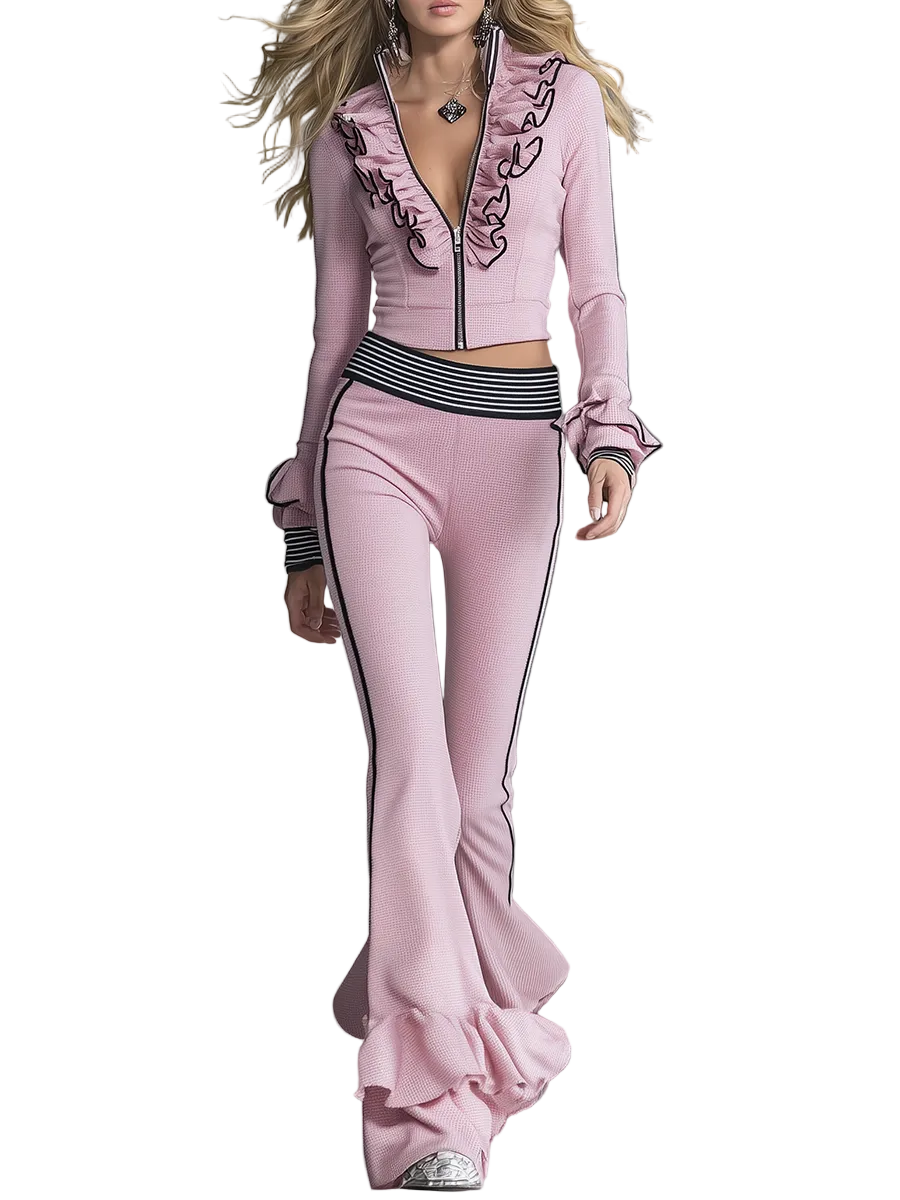 Mani - Elegant Sporty Black-trimmed Pink Flared Pants Set