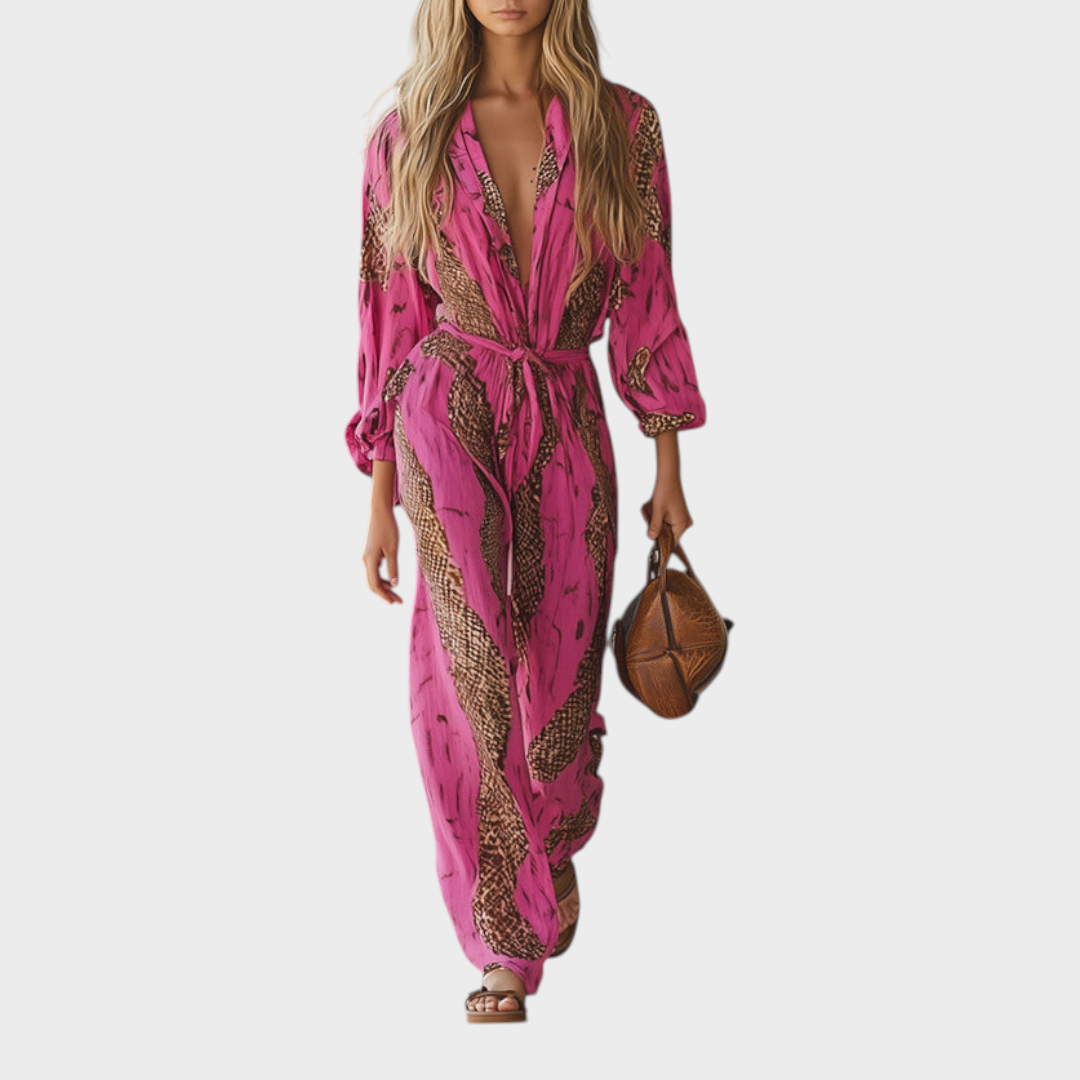 Kamryn | Casual Loose Rose Red Chiffon Leopard Print Long-Sleeved Jumpsuit