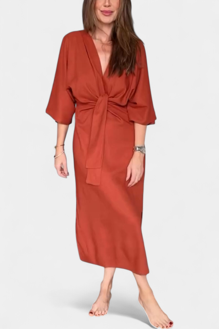 Ainhoa Casual Dress with Knot Front and Plunging Neckline