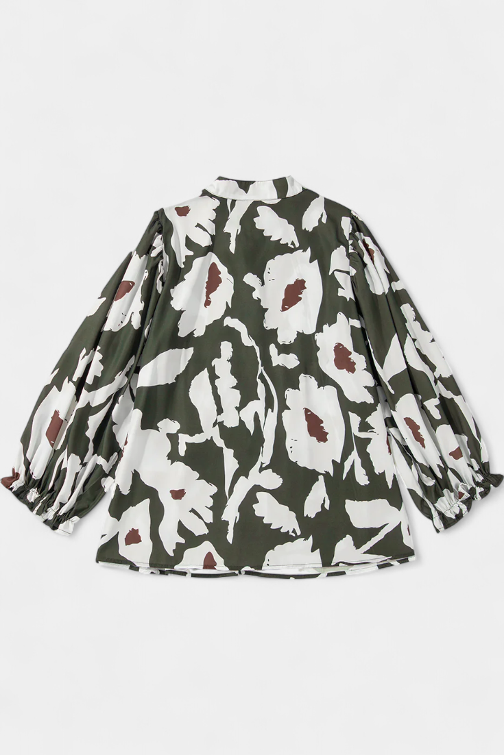 Filomena Blouse with Half Buttons, Puff Sleeves and Abstract Floral Pattern
