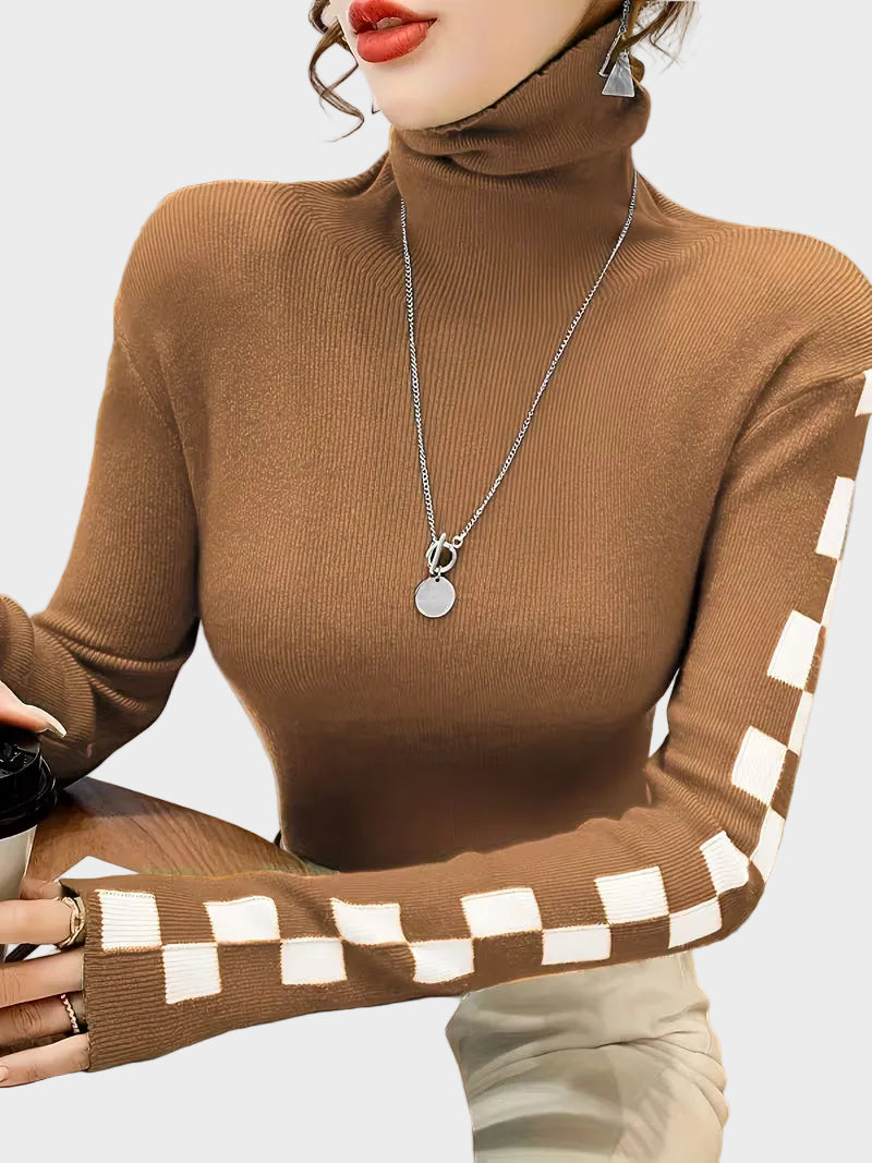 Wanda | Check Sleeve High-Neck Sweater