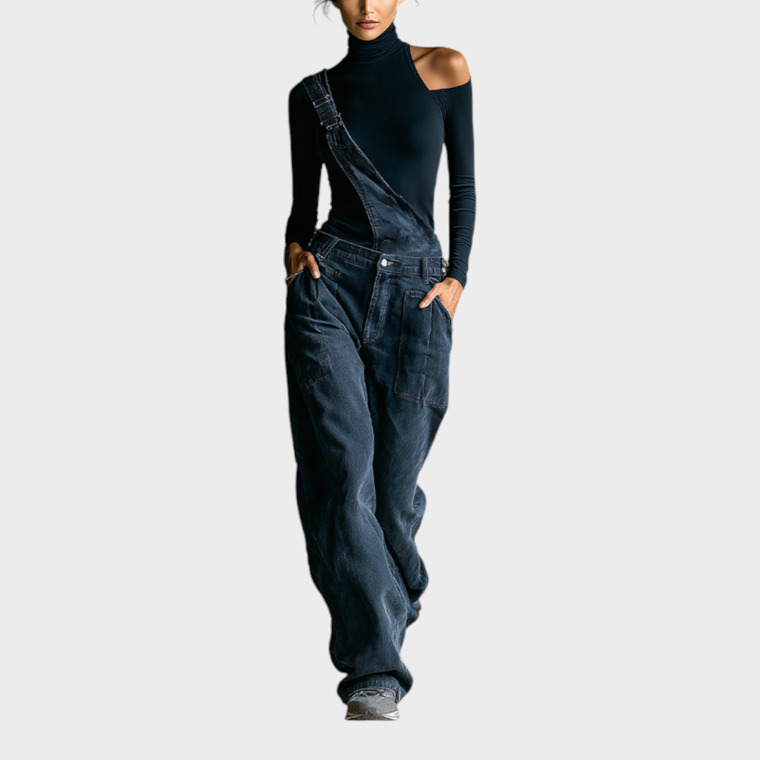 Aviana | Women's Black Cotton One-shoulder Turtleneck Top And Blue-grey Denim Loose-fitting Overalls Set MDA2045K8T