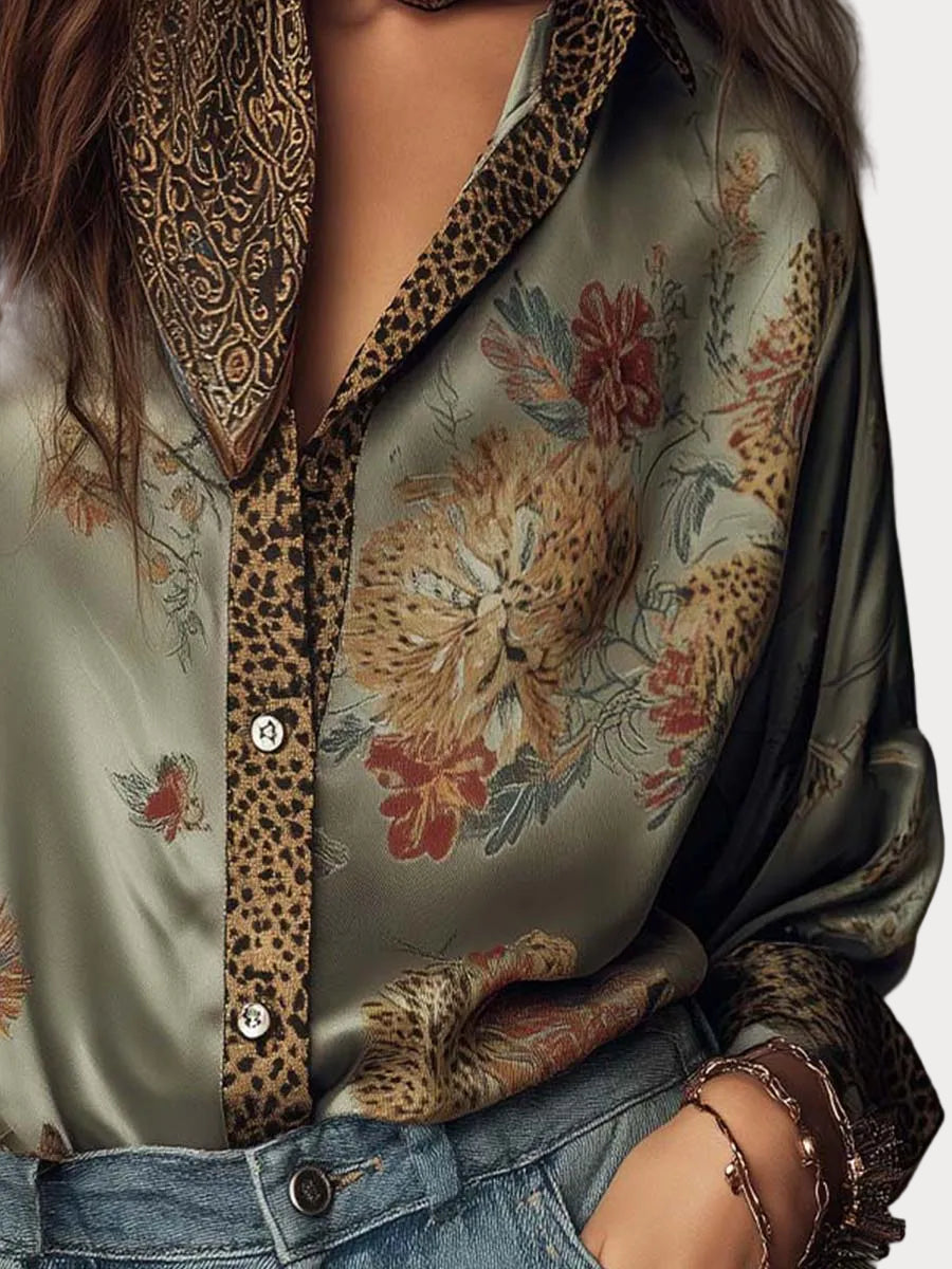 Cathrine | Satin Floral Shirt with Leopard Trim