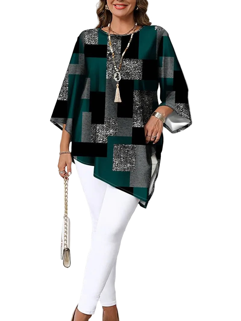 Nurit - Checkered Oversized Printed Blouse With Short Sleeve