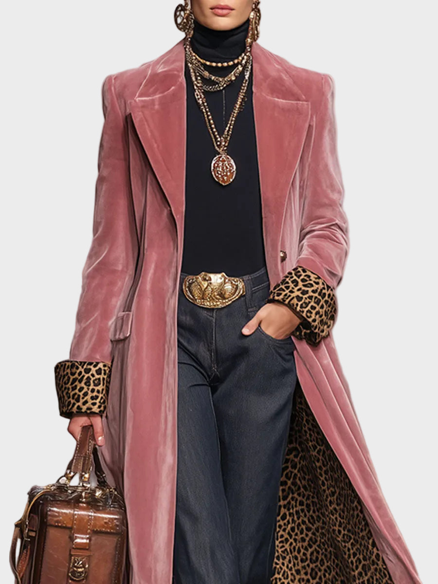 Sonia |Velvet Single-Breasted Coat with Lapel and Leopard Print