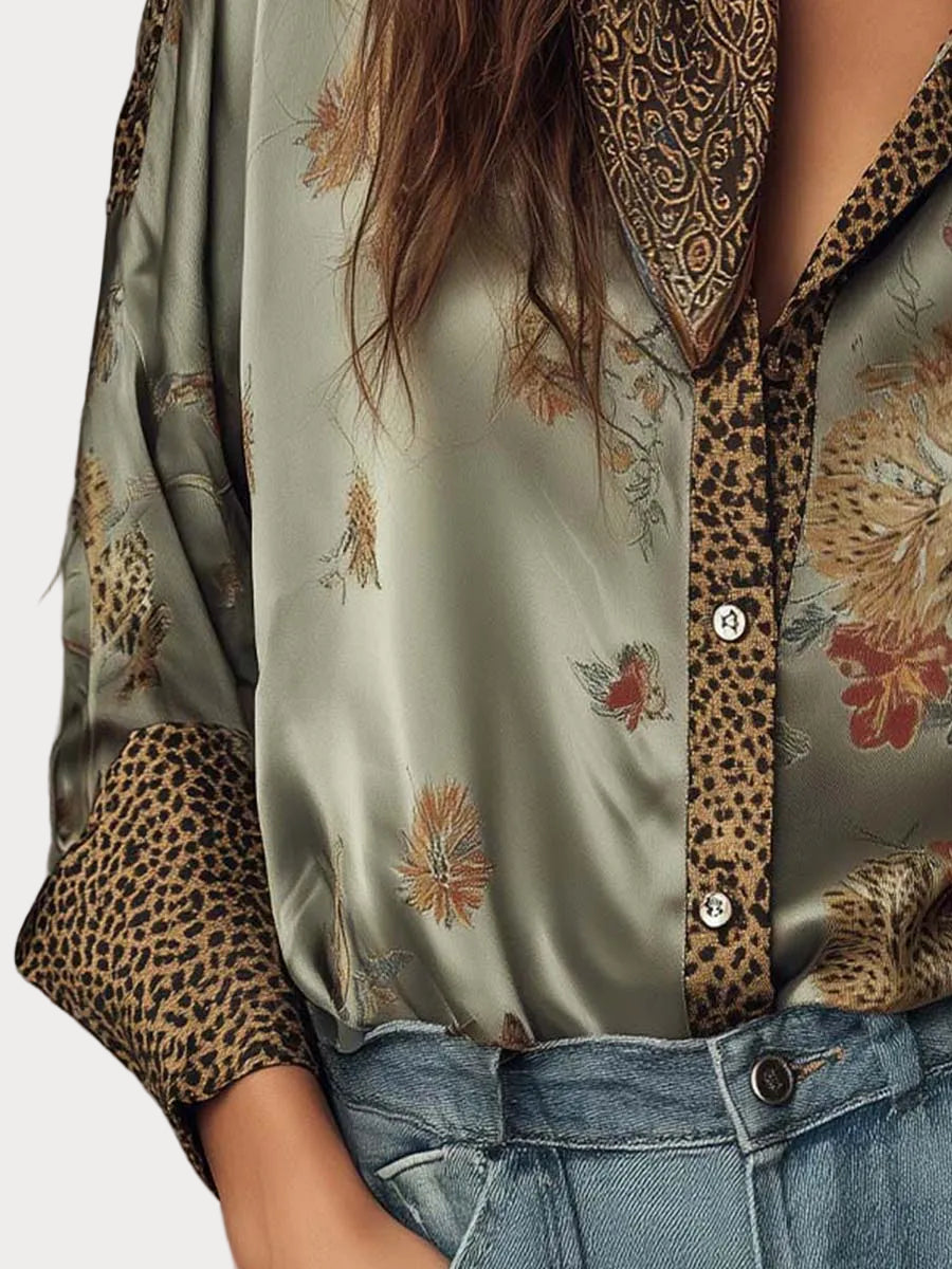 Cathrine | Satin Floral Shirt with Leopard Trim