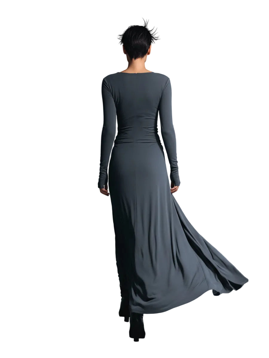 Belle | Women's Gray Exquisite Stretch Blended Fabric Wrap Dress - Knotted Maxi Dress