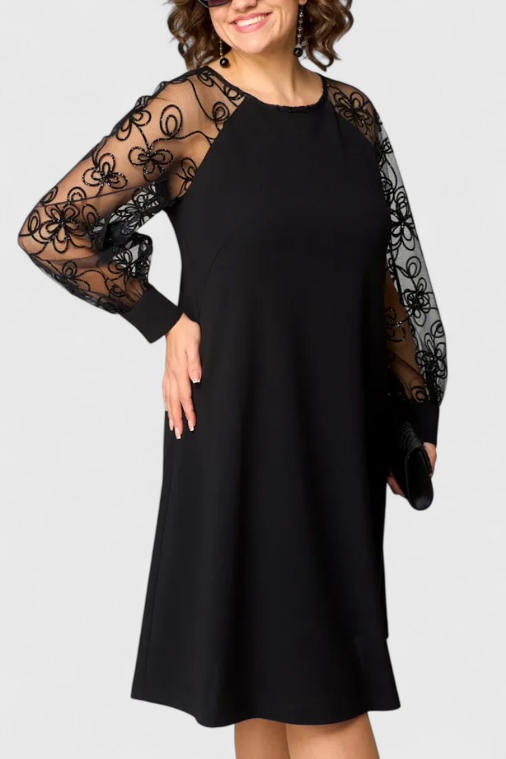 Bellezza Lace Dress with Long Sleeves and Round Neckline
