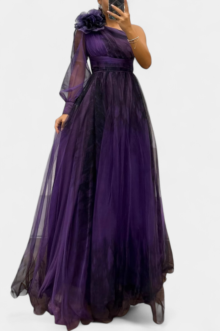 Becca Off-the-Shoulder Chiffon Maxi Dress with Voluminous Flower