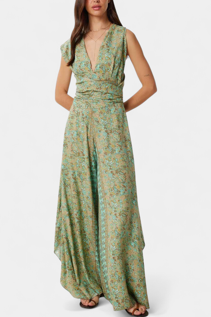 Leandra Flowy Green Floral Print Wrap Jumpsuit