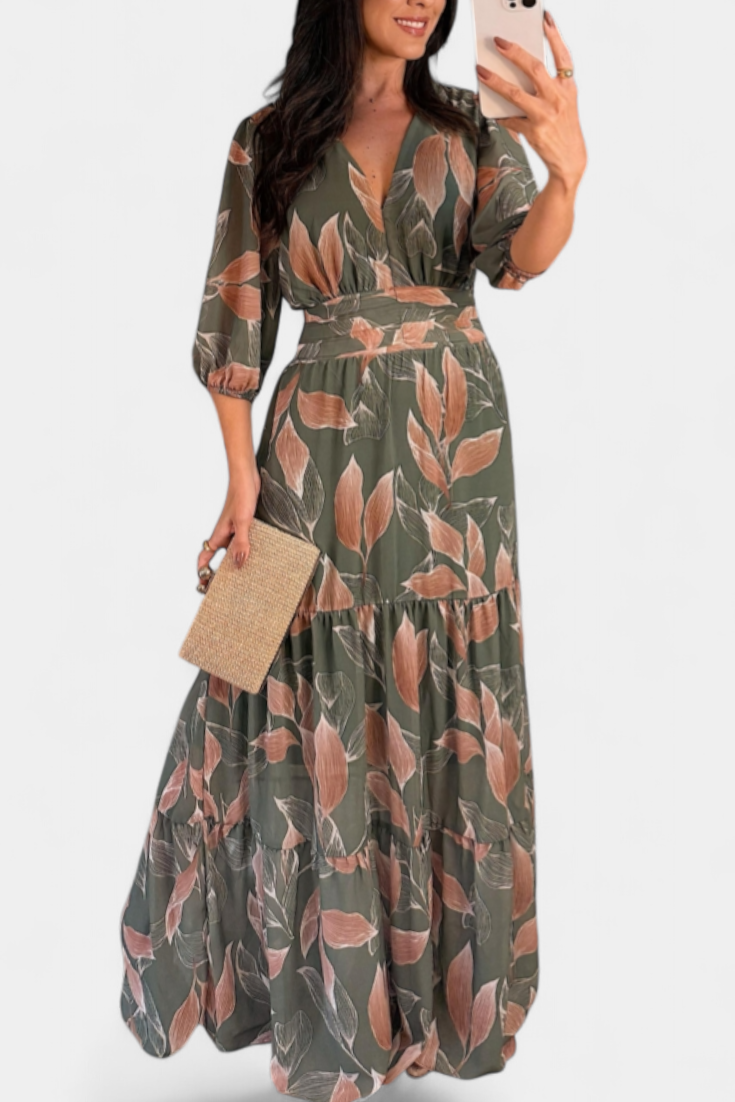 Aisha Long Floral Dress with Airy Line and Leaf Pattern