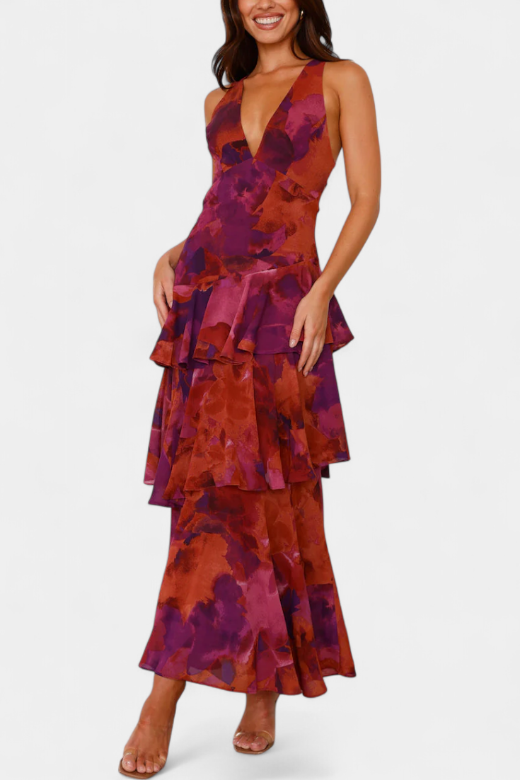 Domenica Chiffon Dress with V-Neckline and Airy Layers