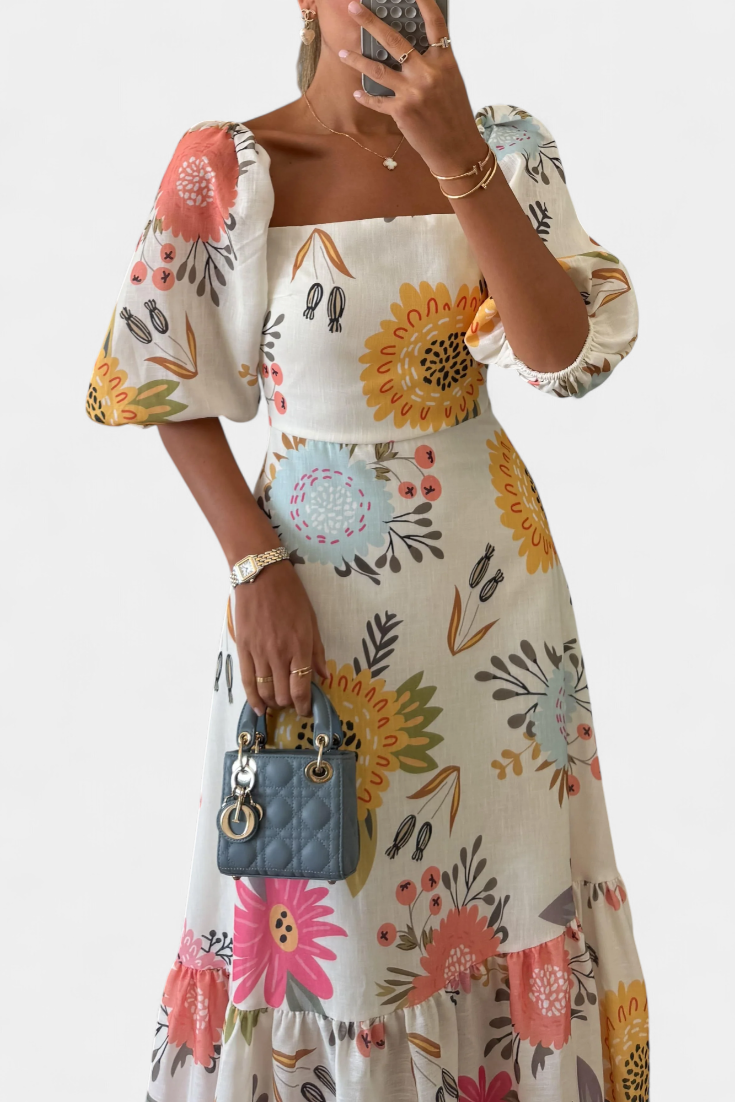 Kacey Floral Midi Dress with Puff Sleeves