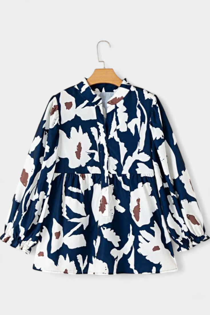 Filomena Blouse with Half Buttons, Puff Sleeves and Abstract Floral Pattern