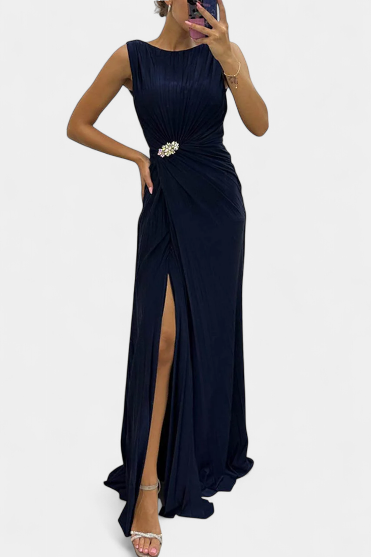 Shiloh Pleated Maxi Dress with Side Slit and Crisscross Neckline