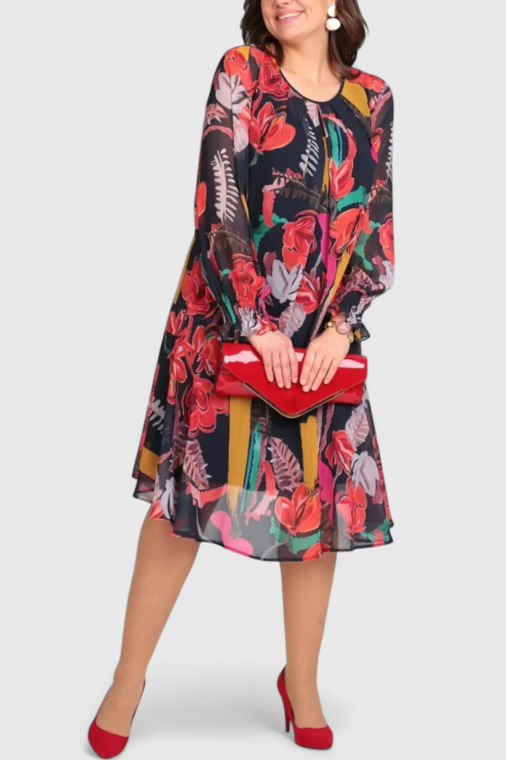 Annegret Floral Midi Dress with Long Sleeves and Flowing Line
