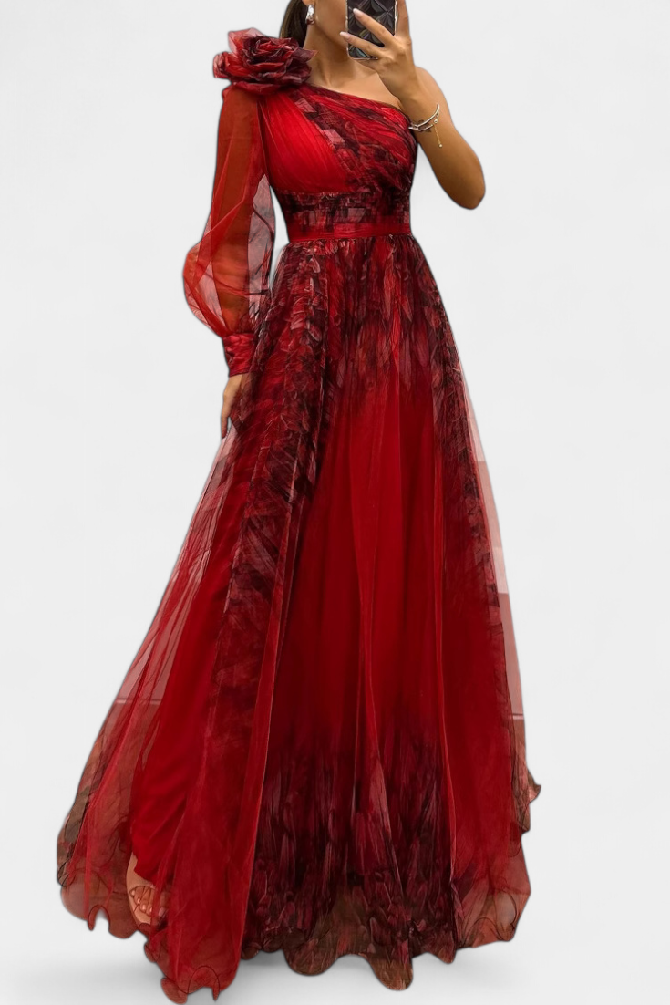 Becca Off-the-Shoulder Chiffon Maxi Dress with Voluminous Flower