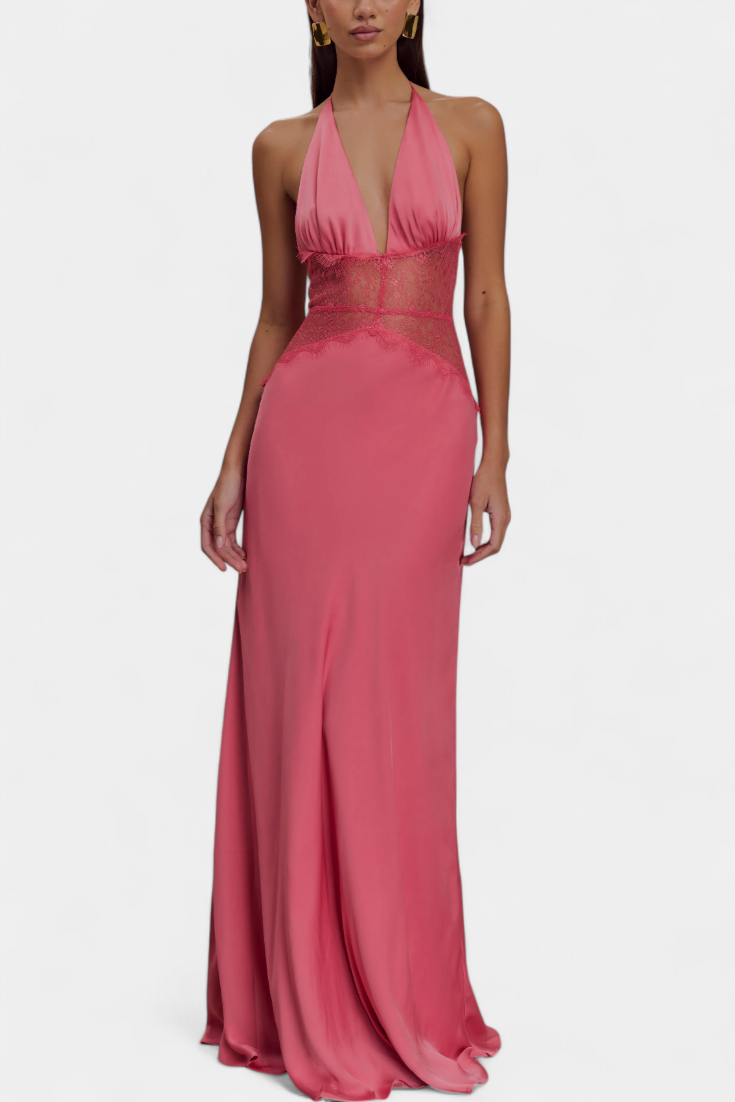 Ashanty Long Dress with Neckline and Sheer Lace at the Waist
