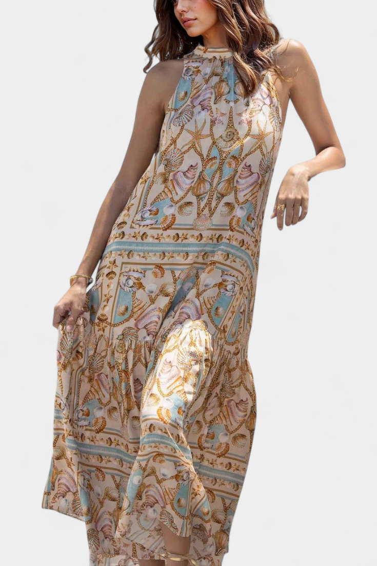 Teófila Long Silk Dress with Ocean Treasures Print