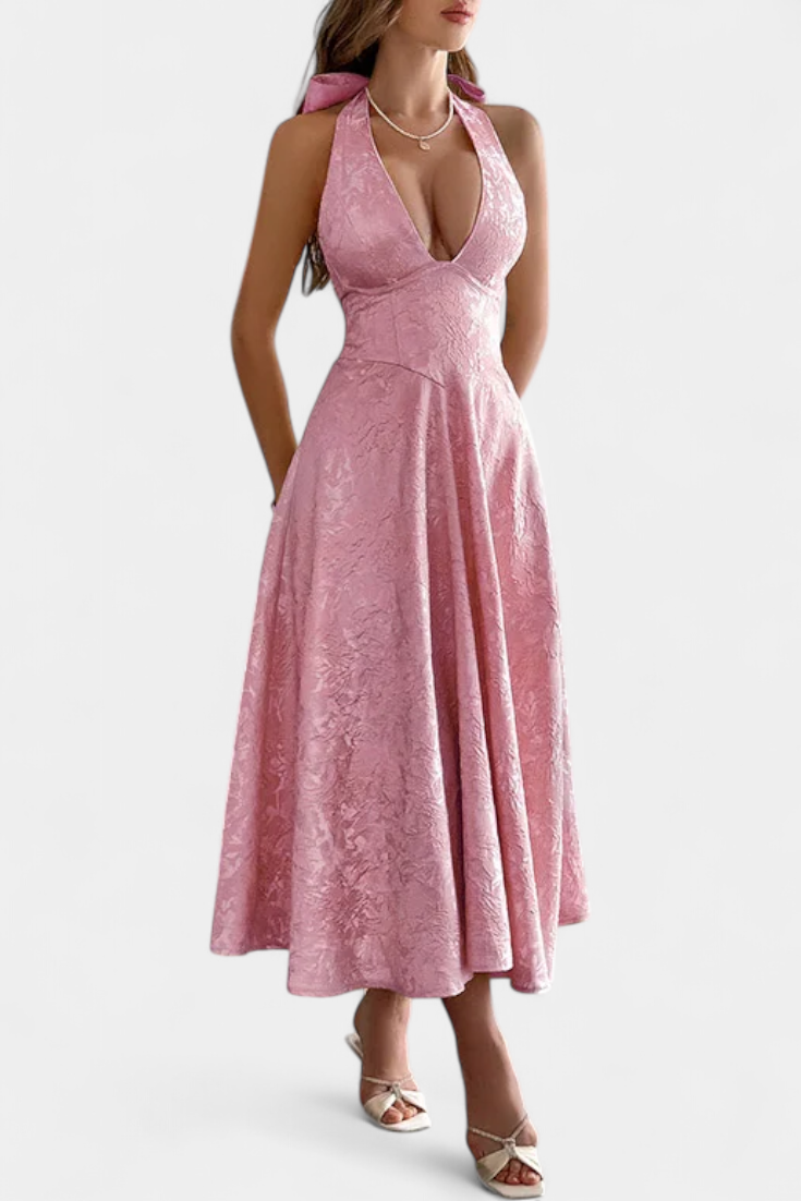 Gilda Jacquard Midi Dress with Open Back and High Waist