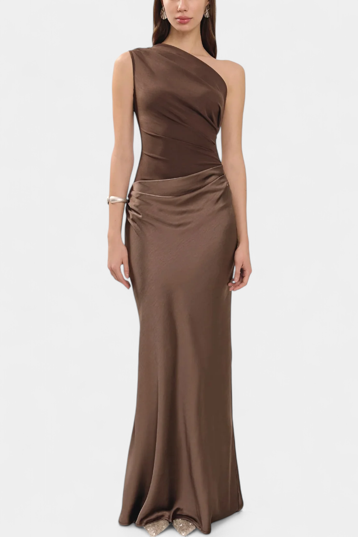 Ottavia Long Pleated One-Shoulder Evening Dress