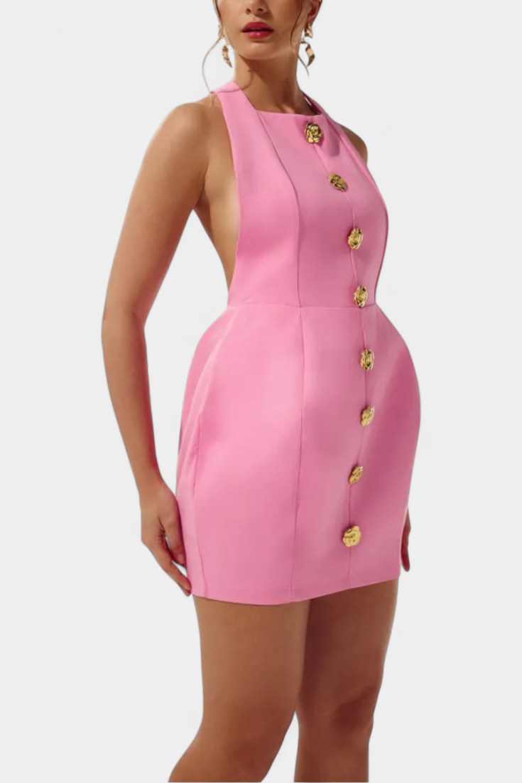 Yvonne Mini Dress with Tie Neck, Open Back and Floral Detail