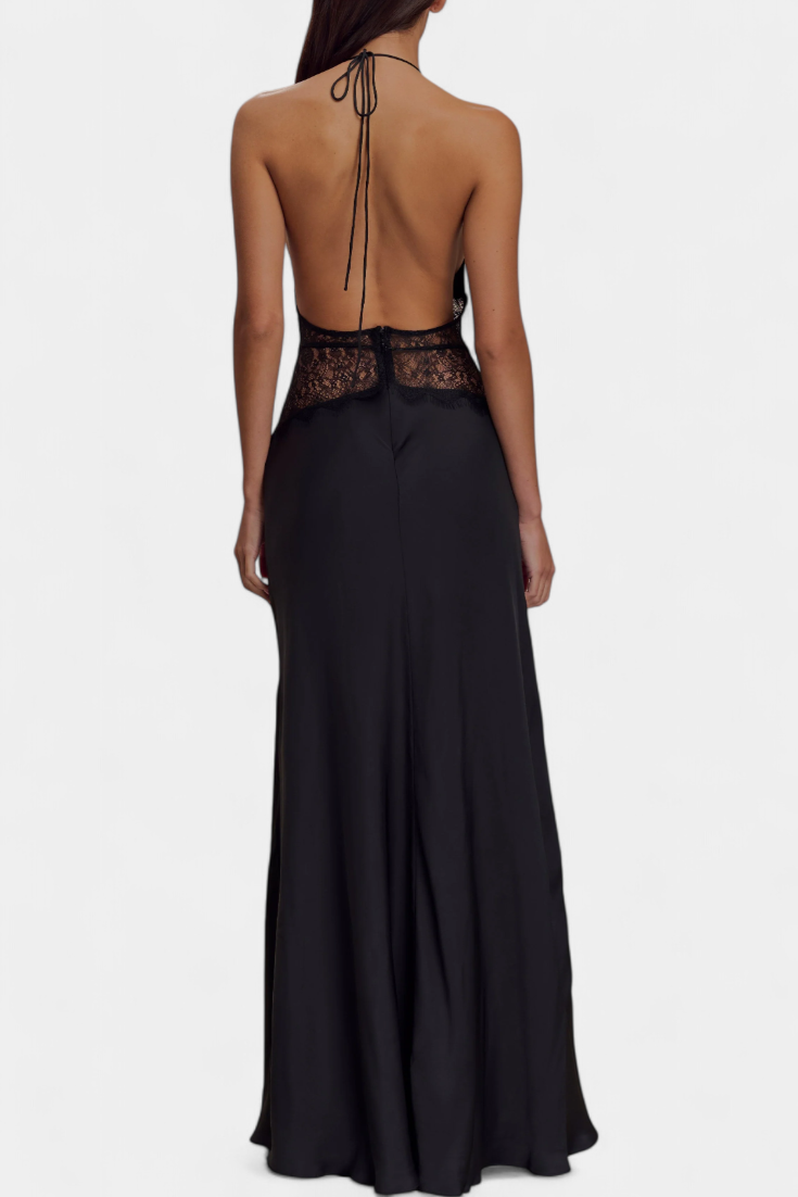 Ashanty Long Dress with Neckline and Sheer Lace at the Waist