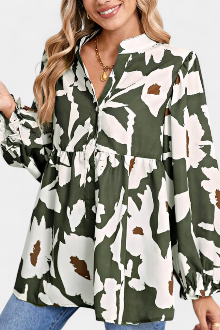 Filomena Blouse with Half Buttons, Puff Sleeves and Abstract Floral Pattern
