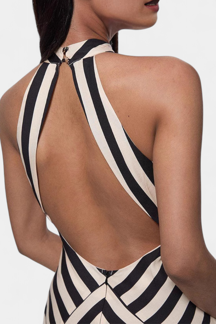 Crispina Striped Halter Maxi Dress with Flowing Line