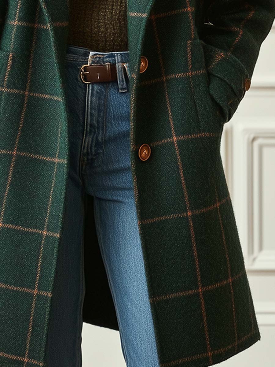 Women's Retro Coat with Back and Plaid