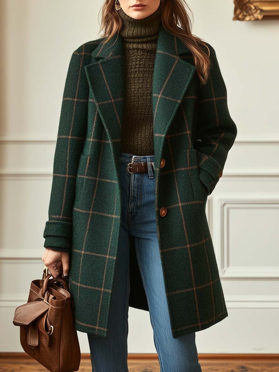 Women's retro plaid tweed coat with collar