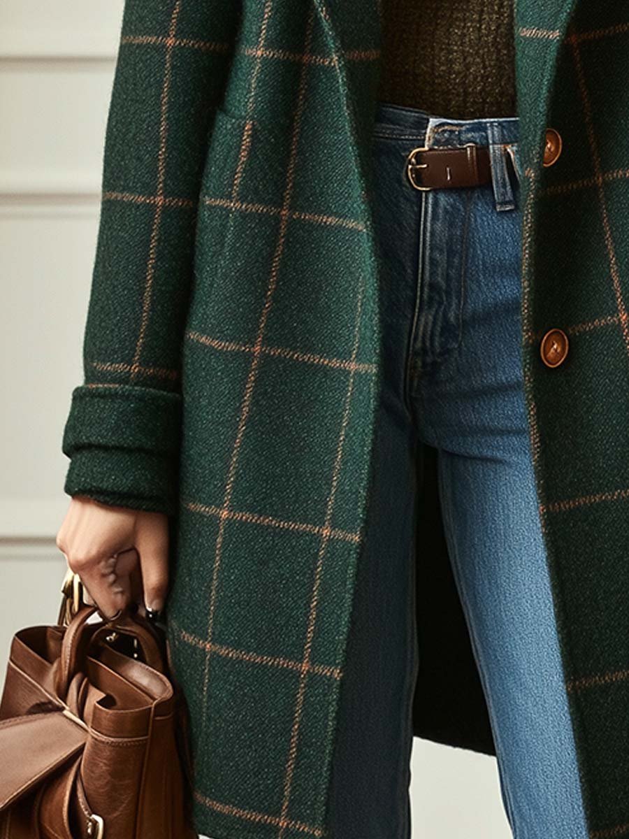 Women's retro plaid tweed coat with collar