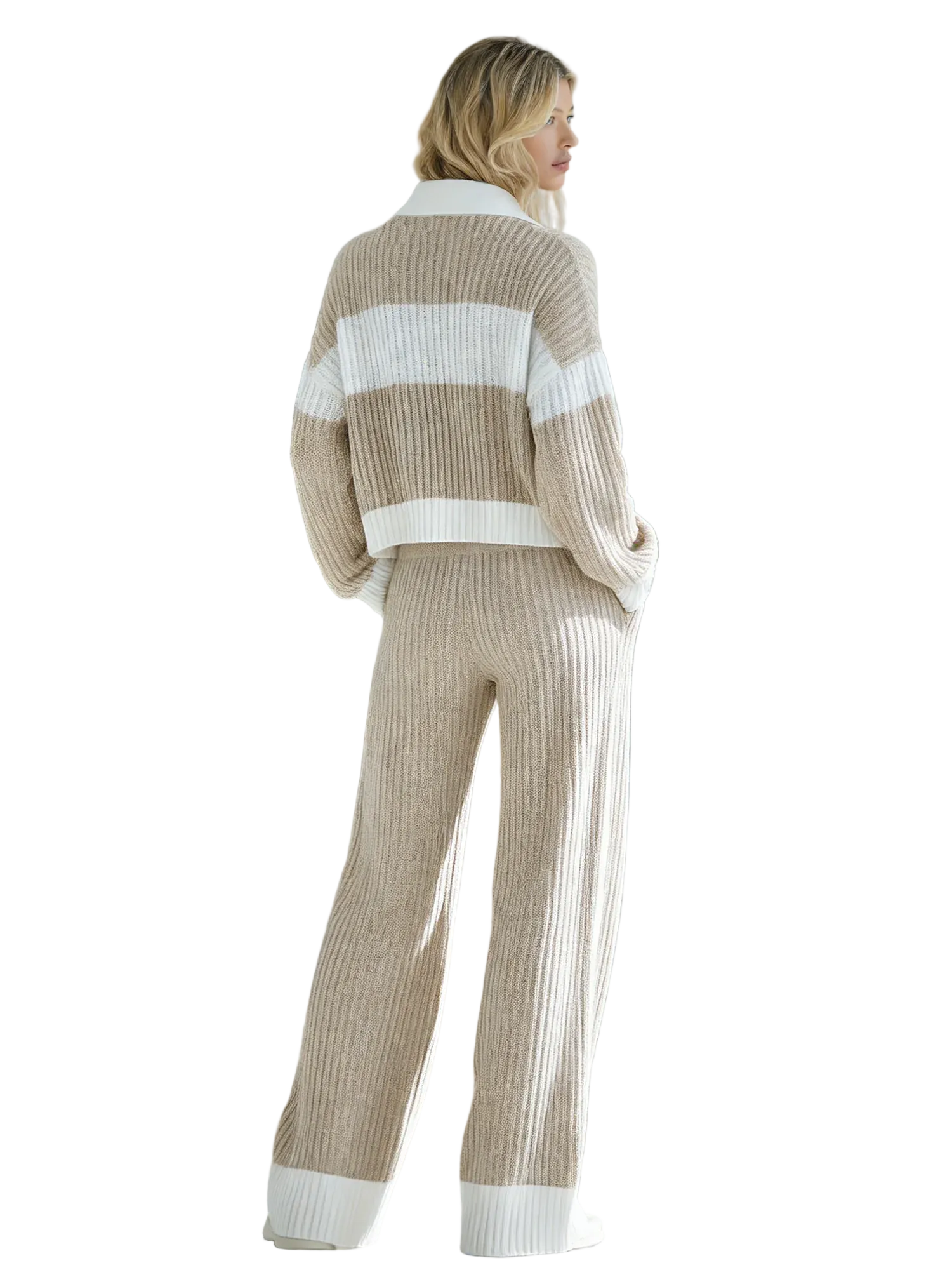 Marisol - Women's Beige And White Striped Knitted Collared Half-zip Casual Set