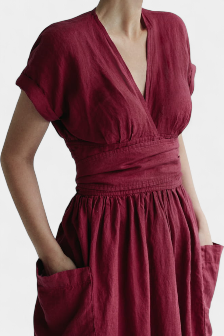 Cressida Cotton Dress with V-Neck and Adjustable Waist
