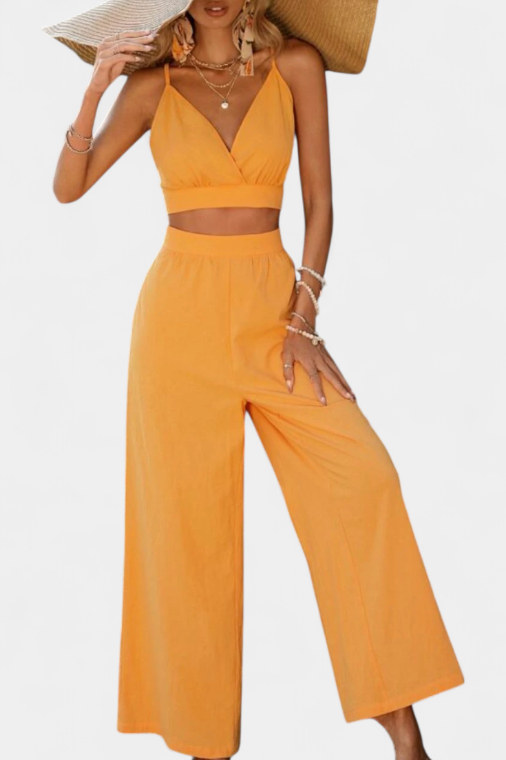 Valentina Lace Open Back Vest and Wide Leg Pants Set
