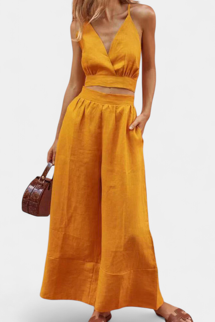 Valentina Lace Open Back Vest and Wide Leg Pants Set