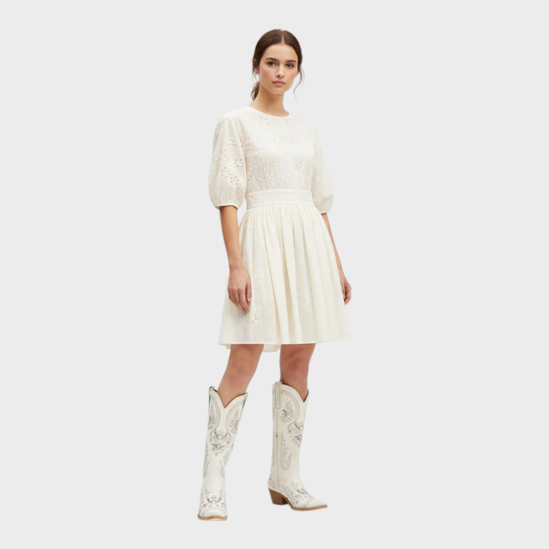 Zaira | Aurelia Women's Cowboy Boots - Ivory Pearl with Snip Toe & Floral Embroidery