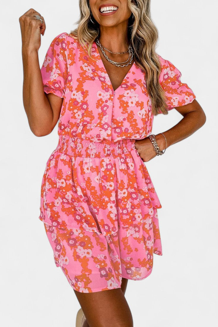 Kimberly Floral Dress with Ruffles and V Neckline