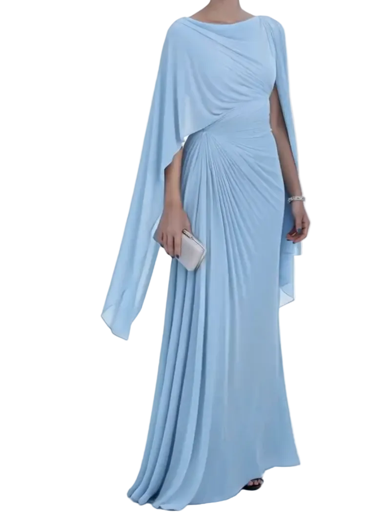 Helga - Elegant Draped Cape Sleeves Maxi Dress