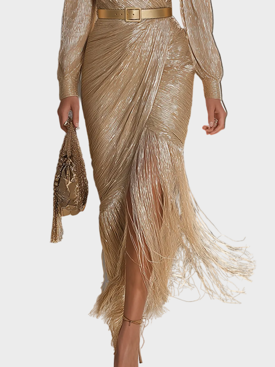 Jollie | Chic and Elegant Maxi Dress in Champagne Shade with V-Neck, Tassels, and Shine