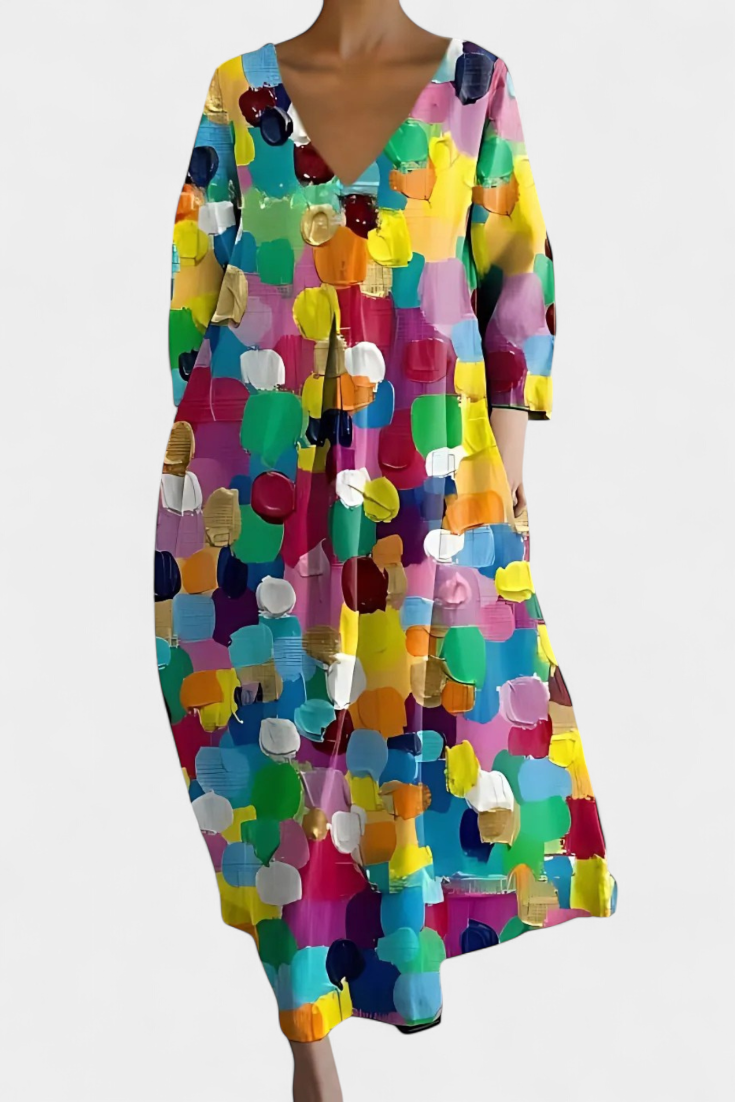 Anne Long Multicolored Dress with V Neckline