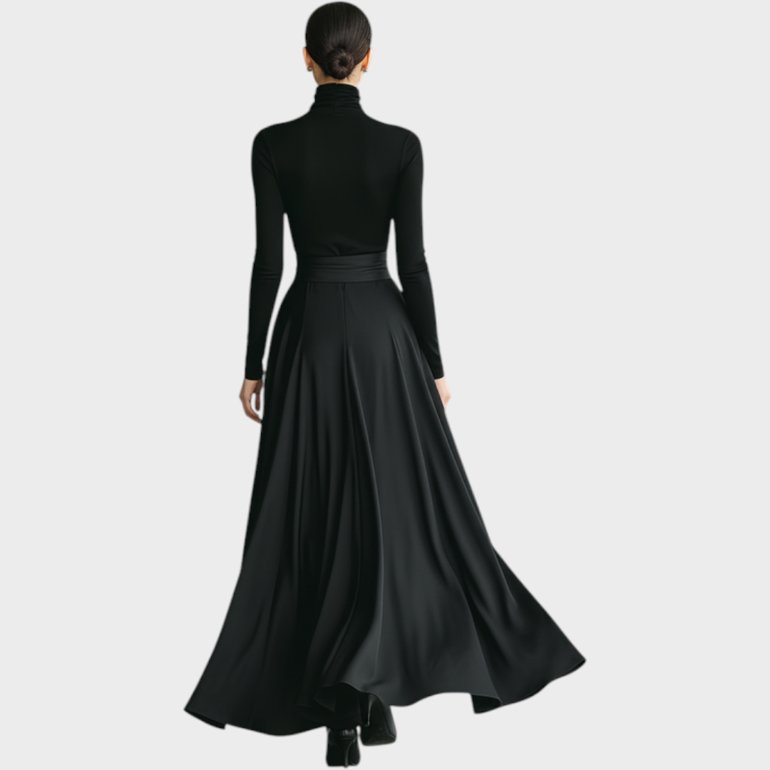 Hellen | Women's Black High-Neck High-Stretch Knitted And Satin Flared Maxi Dress
