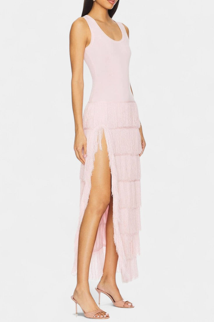 Kalani Maxi Dress with Layered Fringes and Side Slit