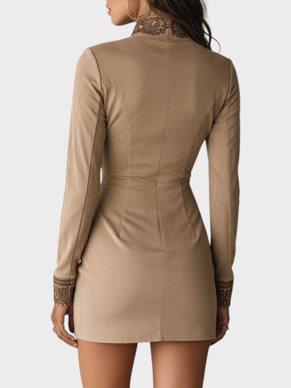 Zarina | Vintage Beige Mini Dress with Zipper and Embroidery with Pockets