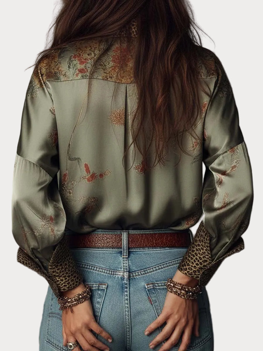 Cathrine | Satin Floral Shirt with Leopard Trim