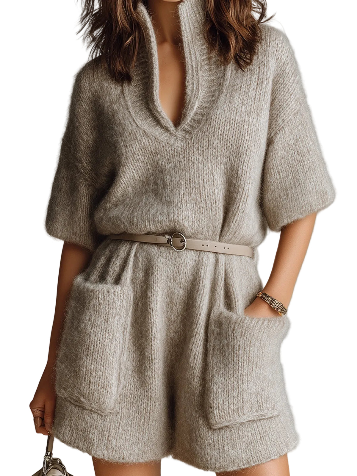 Isa - Casual Light Brown Stand Collar V-Neck Short Sleeve Belted Patch Pockets Oversize Fuzzy Knit Romper