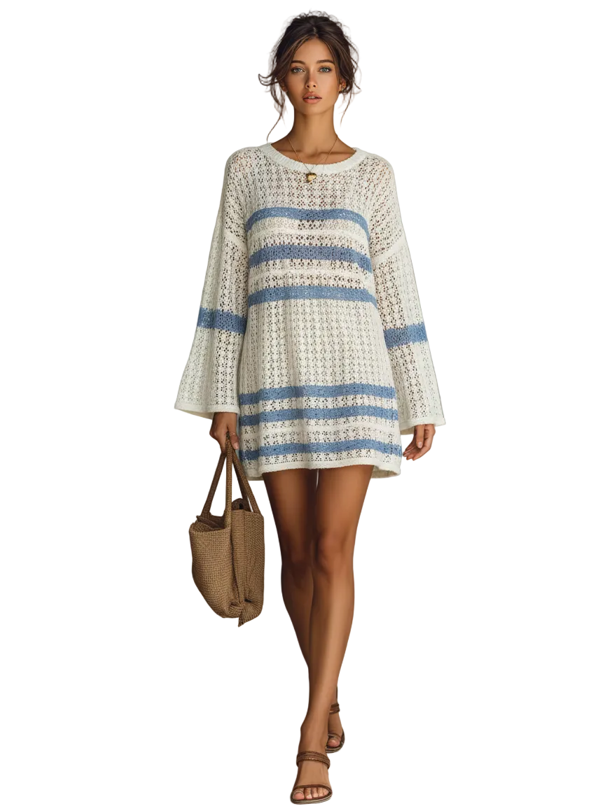 Bri - Women's Vacation Style Openwork Knit Striped Mini Dress