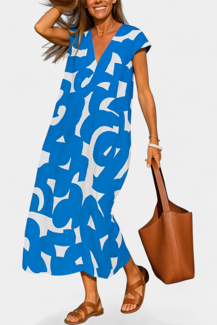 Asela Casual Dress with V-Neck and Mixi Pattern