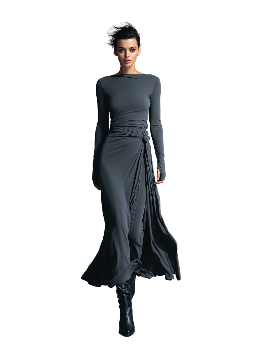 Belle | Women's Gray Exquisite Stretch Blended Fabric Wrap Dress - Knotted Maxi Dress